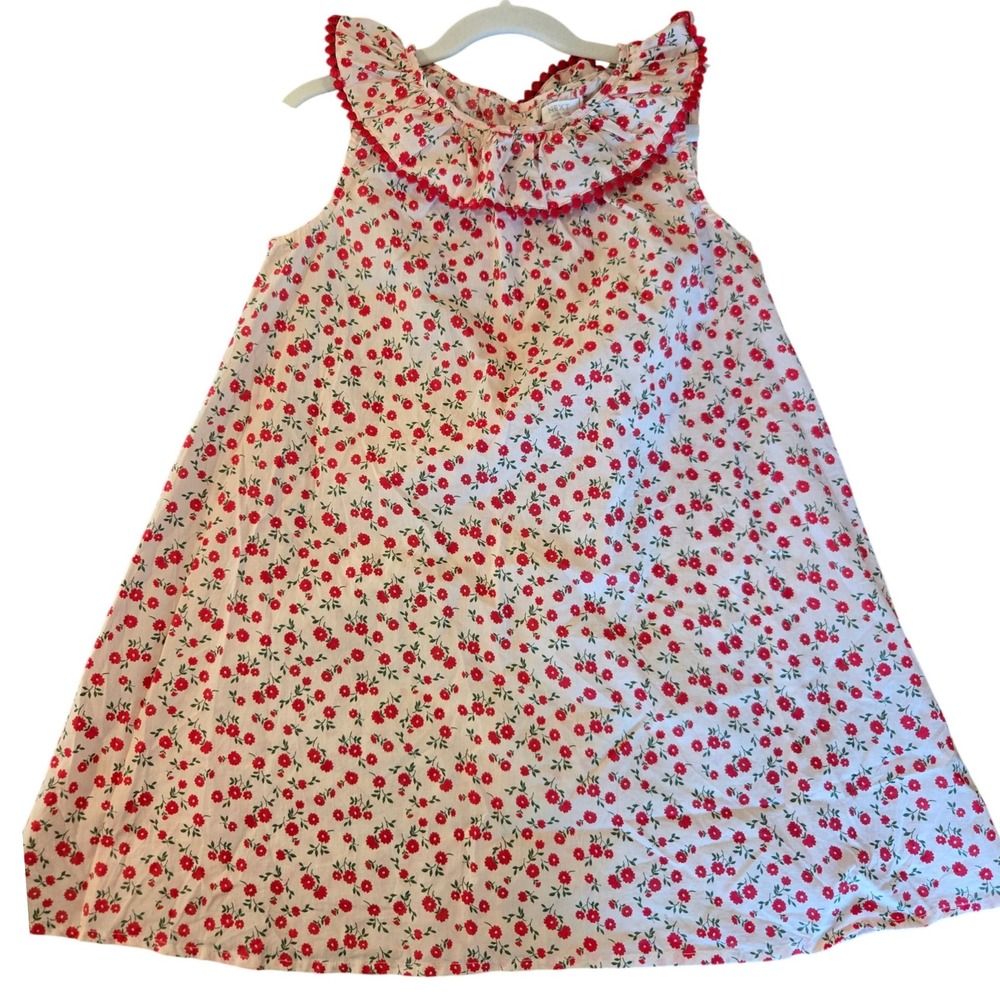 Next Girls Red White Floral Cotton Dress Ruffle‎ Pom Pom Trim Size 6-7 Years